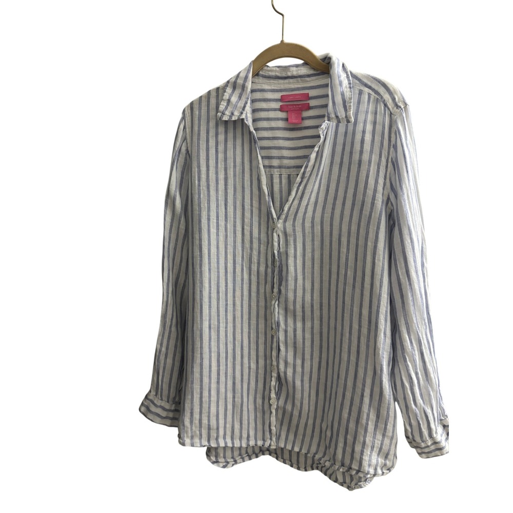Isaac Mizrahi New York 100% Linen Striped Button Down Shirt Blue White Large